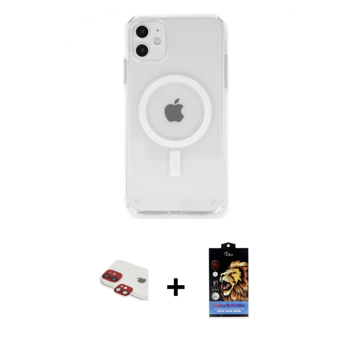 MARSİLYAN™- iPhone 11 Kılıf Ahenk Yansıma Prime - Siyah Buffer Hayalet Cam Ekran Koruyucu + Pers Alüminyum Kamera Lens - KI