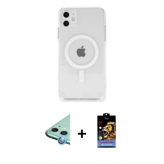 MARSİLYAN™- iPhone 11 Kılıf Ahenk Yansıma Prime - Siyah Buffer Hayalet Cam Ekran Koruyucu + Raze Metal Kamera Lens - MI