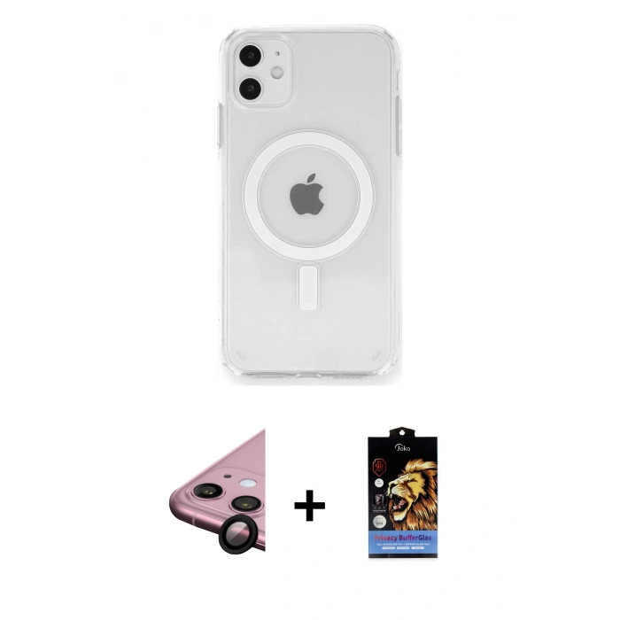 MARSİLYAN™- iPhone 11 Kılıf Ahenk Yansıma Prime - Siyah Buffer Hayalet Cam Ekran Koruyucu + Raze Metal Kamera Lens - SH