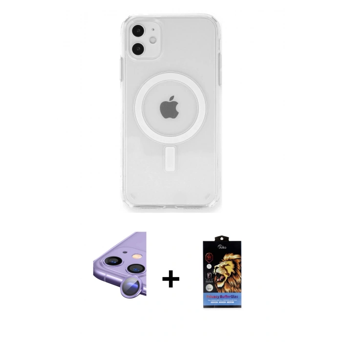 MARSİLYAN™- iPhone 11 Kılıf Ahenk Yansıma Prime - Siyah Buffer Hayalet Cam Ekran Koruyucu + Raze Metal Kamera Lens - MR