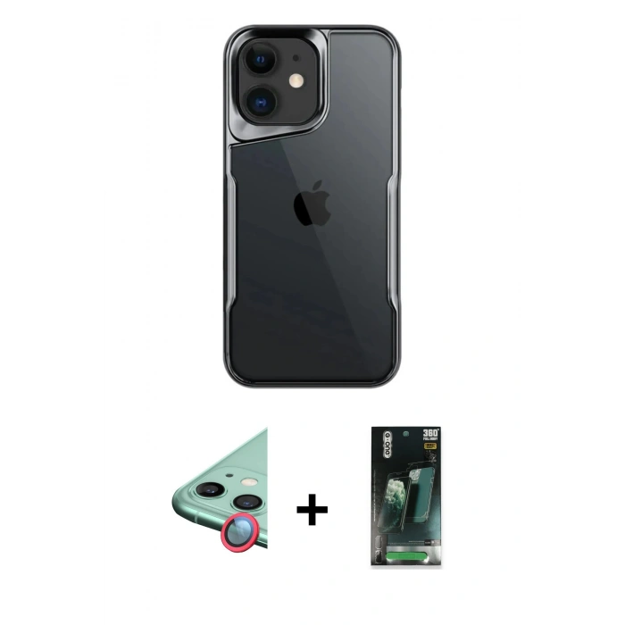 MARSİLYAN™- iPhone 11 Kılıf Akış Çizgi Koleksiyonu - Şeffaf 360 Full Body Arka Koruyucu + Kırmızı Raze Metal Kamera Lens