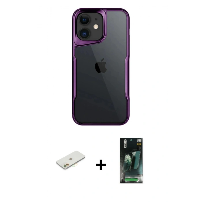 MARSİLYAN™- iPhone 11 Kılıf Akış Çizgi Koleksiyonu - Şeffaf 360 Full Body Arka Koruyucu + Renkli Kamera Lens Koruma Cam - TU
