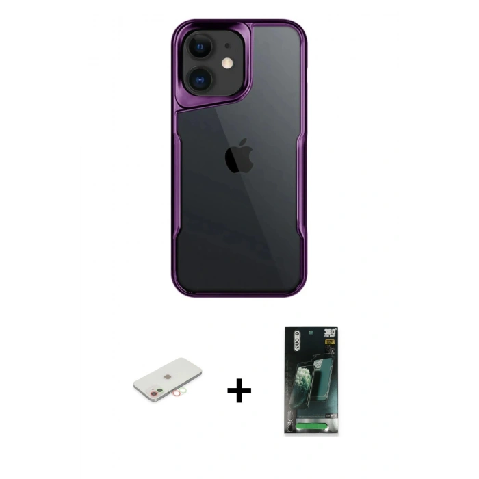 MARSİLYAN™- iPhone 11 Kılıf Akış Çizgi Koleksiyonu - Şeffaf 360 Full Body Arka Koruyucu + Renkli Kamera Lens Koruma Cam - YL