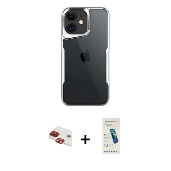 MARSİLYAN™- iPhone 11 Kılıf Akış Çizgi Koleksiyonu - Şeffaf Pasifik Cam Ekran Koruyucu + Pers Alüminyum Kamera Lens - KI