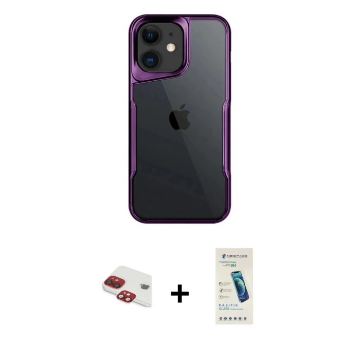 MARSİLYAN™- iPhone 11 Kılıf Akış Çizgi Koleksiyonu - Şeffaf Pasifik Cam Ekran Koruyucu + Pers Alüminyum Kamera Lens - KI