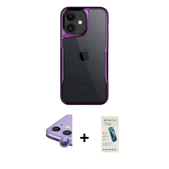 MARSİLYAN™- iPhone 11 Kılıf Akış Çizgi Koleksiyonu - Şeffaf Pasifik Cam Ekran Koruyucu + Raze Metal Kamera Lens - MR