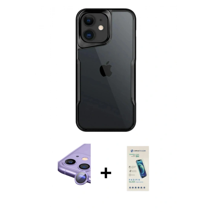 MARSİLYAN™- iPhone 11 Kılıf Akış Çizgi Koleksiyonu - Şeffaf Pasifik Cam Ekran Koruyucu + Raze Metal Kamera Lens - MR