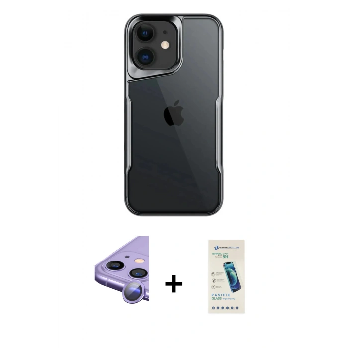 MARSİLYAN™- iPhone 11 Kılıf Akış Çizgi Koleksiyonu - Şeffaf Pasifik Cam Ekran Koruyucu + Raze Metal Kamera Lens - MR