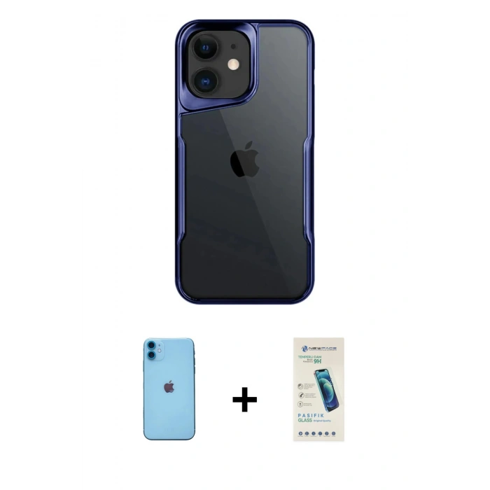 MARSİLYAN™- iPhone 11 Kılıf Akış Çizgi Koleksiyonu - Şeffaf Pasifik Cam Ekran Koruyucu + Neon Fosforlu Kamera Lens - MI