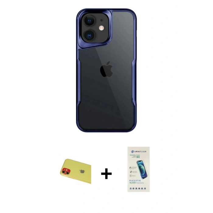 MARSİLYAN™- iPhone 11 Kılıf Akış Çizgi Koleksiyonu - Şeffaf Pasifik Cam Ekran Koruyucu + Rainbow Kamera Lens Koruma Cam - KI