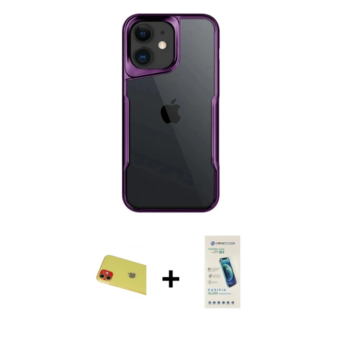 MARSİLYAN™- iPhone 11 Kılıf Akış Çizgi Koleksiyonu - Şeffaf Pasifik Cam Ekran Koruyucu + Rainbow Kamera Lens Koruma Cam - KI