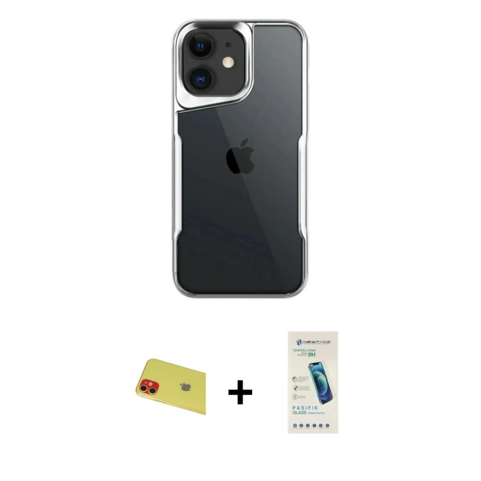 MARSİLYAN™- iPhone 11 Kılıf Akış Çizgi Koleksiyonu - Şeffaf Pasifik Cam Ekran Koruyucu + Rainbow Kamera Lens Koruma Cam - KI