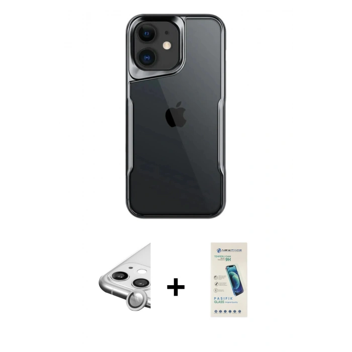 MARSİLYAN™- iPhone 11 Kılıf Akış Çizgi Koleksiyonu - Şeffaf Pasifik Cam Ekran Koruyucu + Raze Metal Kamera Lens - GS