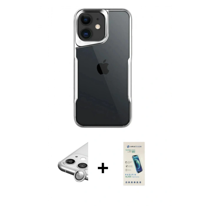 MARSİLYAN™- iPhone 11 Kılıf Akış Çizgi Koleksiyonu - Şeffaf Pasifik Cam Ekran Koruyucu + Raze Metal Kamera Lens - GS