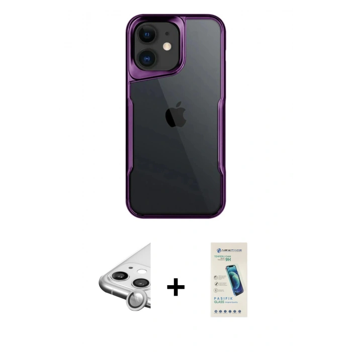 MARSİLYAN™- iPhone 11 Kılıf Akış Çizgi Koleksiyonu - Şeffaf Pasifik Cam Ekran Koruyucu + Raze Metal Kamera Lens - GS
