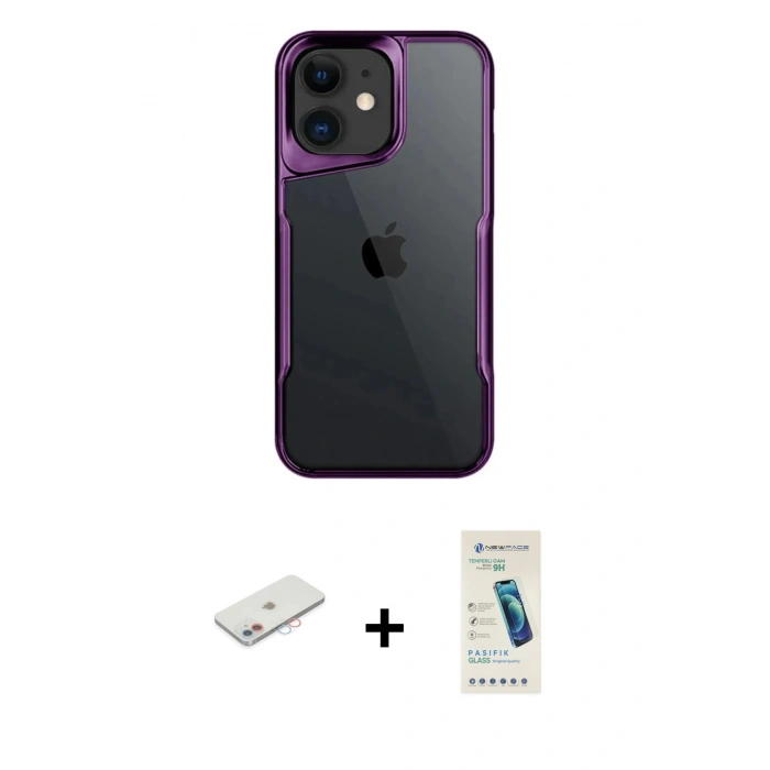 MARSİLYAN™- iPhone 11 Kılıf Akış Çizgi Koleksiyonu - Şeffaf Pasifik Cam Ekran Koruyucu + Renkli Kamera Lens Koruma Cam - PE
