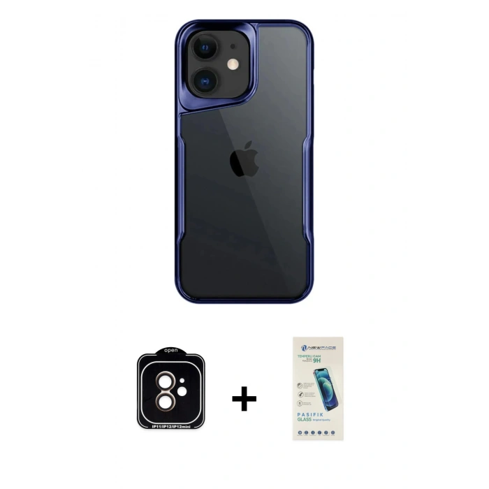 MARSİLYAN™- iPhone 11 Kılıf Akış Çizgi Koleksiyonu - Şeffaf Pasifik Cam Ekran Koruyucu + PVD Metal Kamera Lens - TU