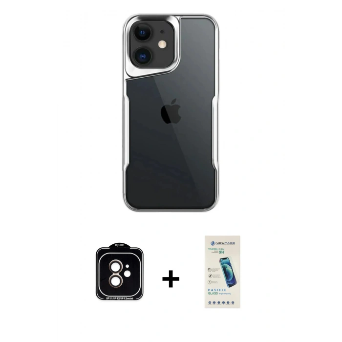 MARSİLYAN™- iPhone 11 Kılıf Akış Çizgi Koleksiyonu - Şeffaf Pasifik Cam Ekran Koruyucu + PVD Metal Kamera Lens - TU