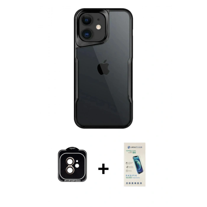 MARSİLYAN™- iPhone 11 Kılıf Akış Çizgi Koleksiyonu - Şeffaf Pasifik Cam Ekran Koruyucu + PVD Metal Kamera Lens - TU
