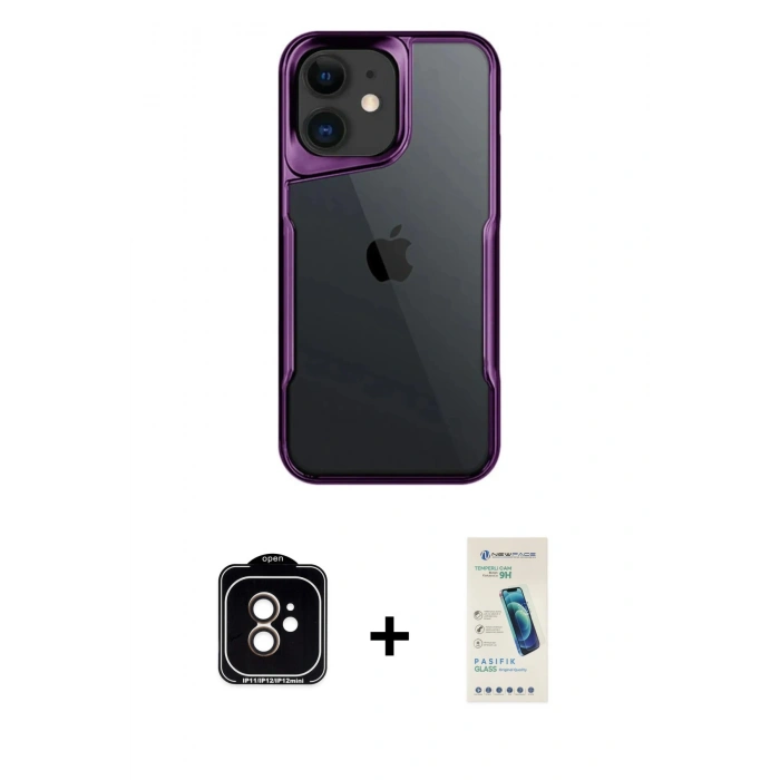 MARSİLYAN™- iPhone 11 Kılıf Akış Çizgi Koleksiyonu - Şeffaf Pasifik Cam Ekran Koruyucu + PVD Metal Kamera Lens - TU