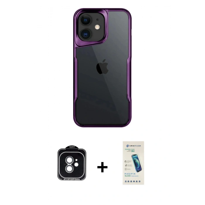 MARSİLYAN™- iPhone 11 Kılıf Akış Çizgi Koleksiyonu - Şeffaf Pasifik Cam Ekran Koruyucu + PVD Metal Kamera Lens - YL