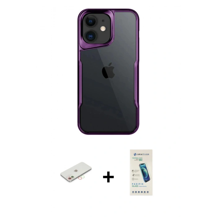 MARSİLYAN™- iPhone 11 Kılıf Akış Çizgi Koleksiyonu - Şeffaf Pasifik Cam Ekran Koruyucu + Renkli Kamera Lens Koruma Cam - YL