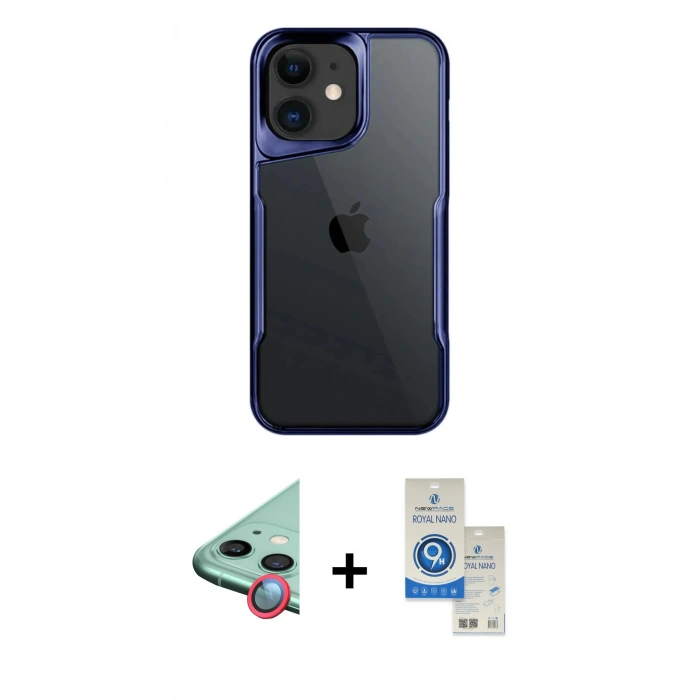 MARSİLYAN™- iPhone 11 Kılıf Akış Çizgi Koleksiyonu - Şeffaf Royal Nano Ekran Koruyucu + Raze Metal Kamera Lens - KI