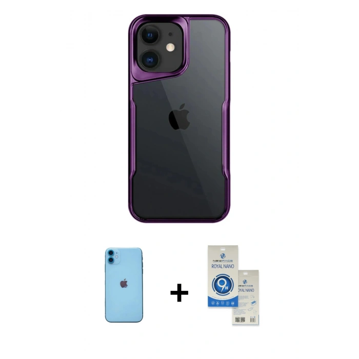 MARSİLYAN™- iPhone 11 Kılıf Akış Çizgi Koleksiyonu - Şeffaf Royal Nano Ekran Koruyucu + Neon Fosforlu Kamera Lens - MI