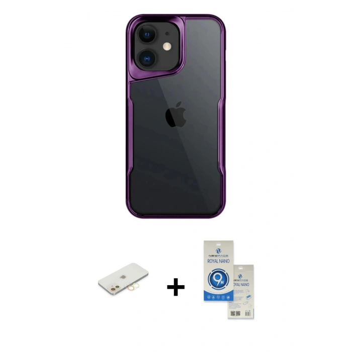 MARSİLYAN™- iPhone 11 Kılıf Akış Çizgi Koleksiyonu - Şeffaf Royal Nano Ekran Koruyucu + Renkli Kamera Lens Koruma Cam - SI
