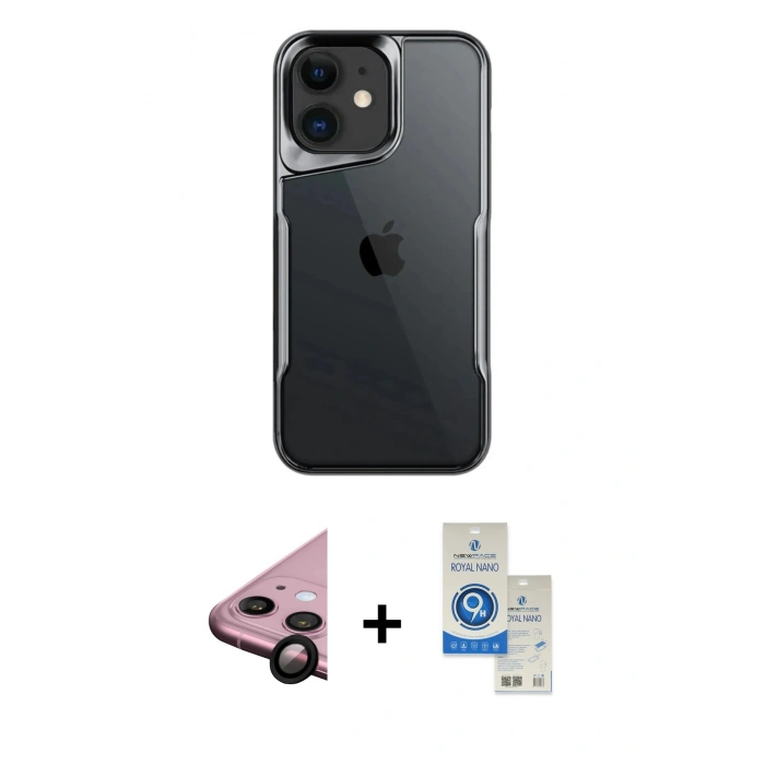 MARSİLYAN™- iPhone 11 Kılıf Akış Çizgi Koleksiyonu - Şeffaf Royal Nano Ekran Koruyucu + Raze Metal Kamera Lens - SH