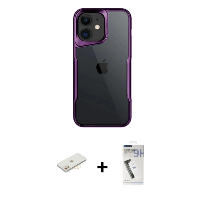 MARSİLYAN™- iPhone 11 Kılıf Akış Çizgi Koleksiyonu - Şeffaf Uv Polymer Nano Ekran Koruyucu + Renkli Kamera Lens Koruma Cam - SI