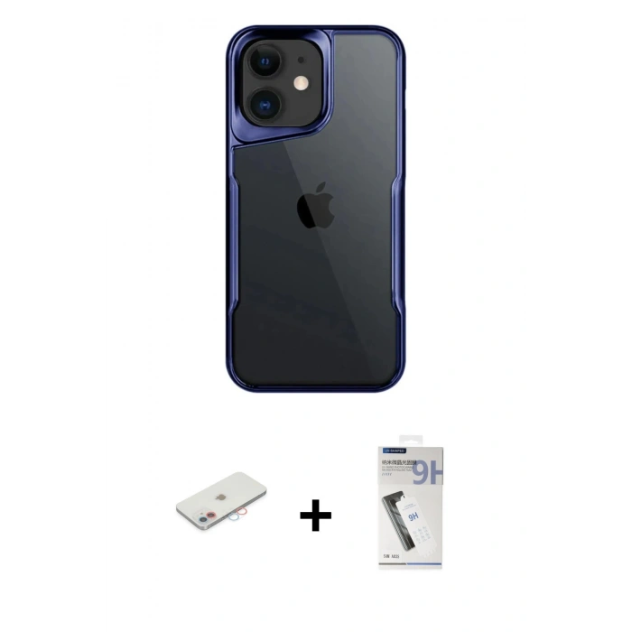 MARSİLYAN™- iPhone 11 Kılıf Akış Çizgi Koleksiyonu - Şeffaf Uv Polymer Nano Ekran Koruyucu + Renkli Kamera Lens Koruma Cam - PE