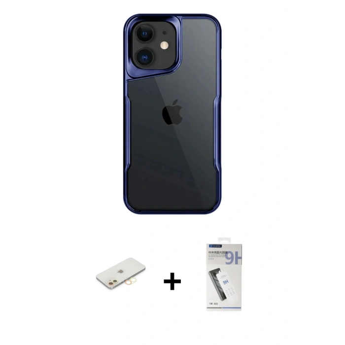 MARSİLYAN™- iPhone 11 Kılıf Akış Çizgi Koleksiyonu - Şeffaf Uv Polymer Nano Ekran Koruyucu + Renkli Kamera Lens Koruma Cam - SI