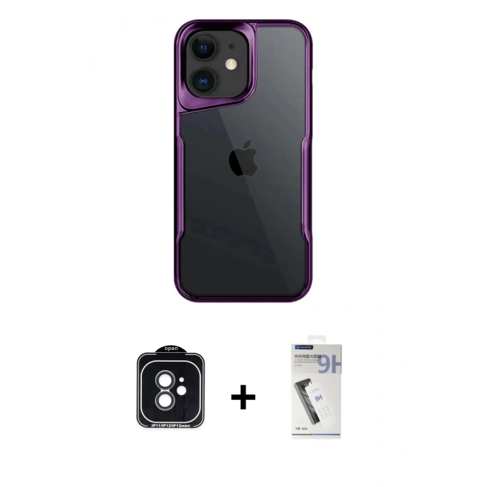MARSİLYAN™- iPhone 11 Kılıf Akış Çizgi Koleksiyonu - Şeffaf Uv Polymer Nano Ekran Koruyucu + PVD Metal Kamera Lens - SH