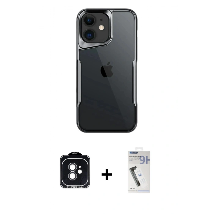 MARSİLYAN™- iPhone 11 Kılıf Akış Çizgi Koleksiyonu - Şeffaf Uv Polymer Nano Ekran Koruyucu + PVD Metal Kamera Lens - SH