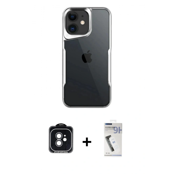 MARSİLYAN™- iPhone 11 Kılıf Akış Çizgi Koleksiyonu - Şeffaf Uv Polymer Nano Ekran Koruyucu + PVD Metal Kamera Lens - SH