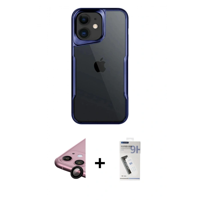 MARSİLYAN™- iPhone 11 Kılıf Akış Çizgi Koleksiyonu - Şeffaf Uv Polymer Nano Ekran Koruyucu + Siyah Raze Metal Kamera Lens