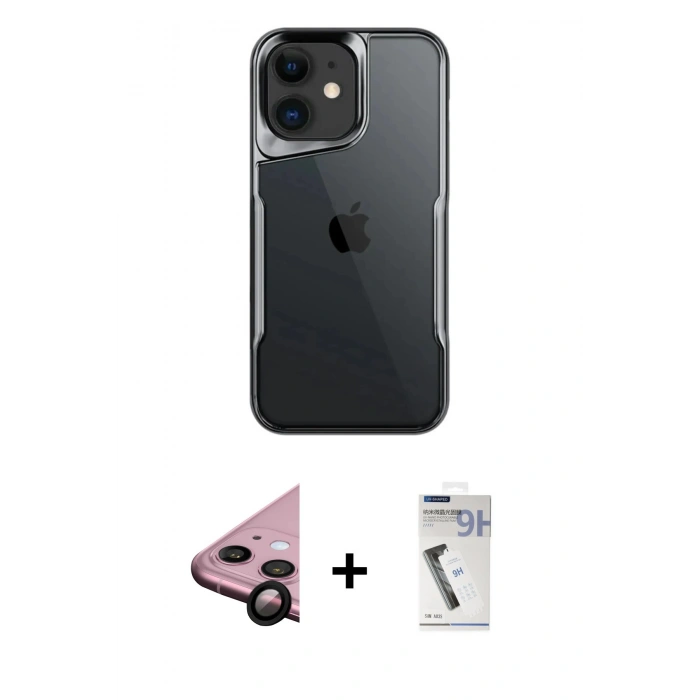 MARSİLYAN™- iPhone 11 Kılıf Akış Çizgi Koleksiyonu - Şeffaf Uv Polymer Nano Ekran Koruyucu + Siyah Raze Metal Kamera Lens