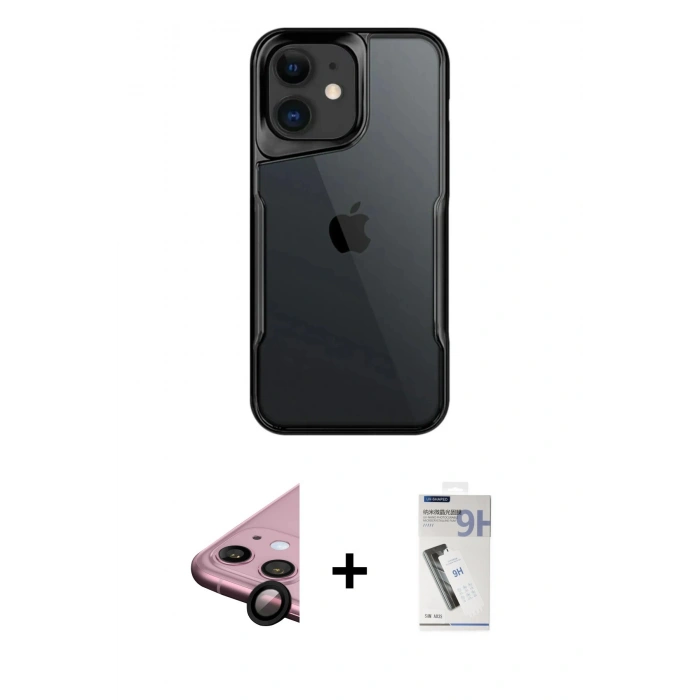 MARSİLYAN™- iPhone 11 Kılıf Akış Çizgi Koleksiyonu - Şeffaf Uv Polymer Nano Ekran Koruyucu + Siyah Raze Metal Kamera Lens
