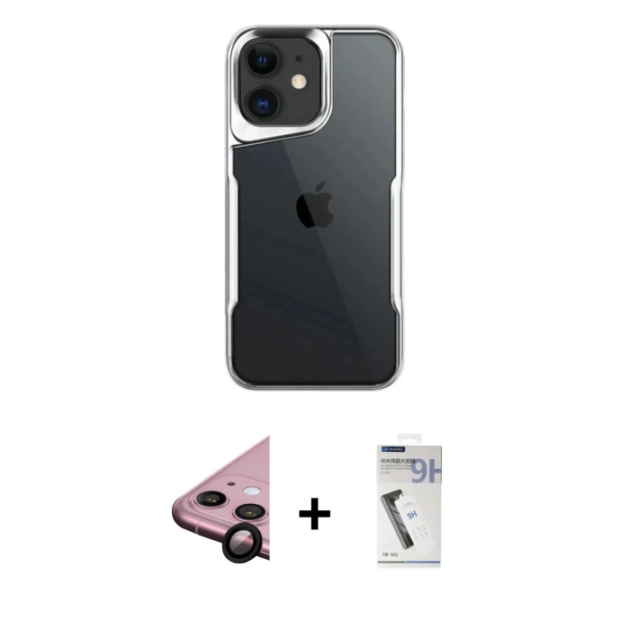 MARSİLYAN™- iPhone 11 Kılıf Akış Çizgi Koleksiyonu - Şeffaf Uv Polymer Nano Ekran Koruyucu + Siyah Raze Metal Kamera Lens