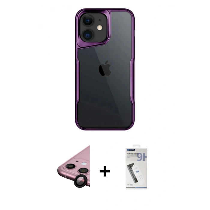 MARSİLYAN™- iPhone 11 Kılıf Akış Çizgi Koleksiyonu - Şeffaf Uv Polymer Nano Ekran Koruyucu + Siyah Raze Metal Kamera Lens