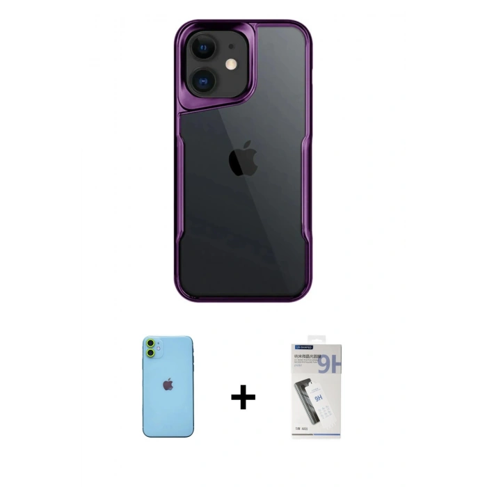 MARSİLYAN™- iPhone 11 Kılıf Akış Çizgi Koleksiyonu - Şeffaf Uv Polymer Nano Ekran Koruyucu + Neon Fosforlu Kamera Lens - YL