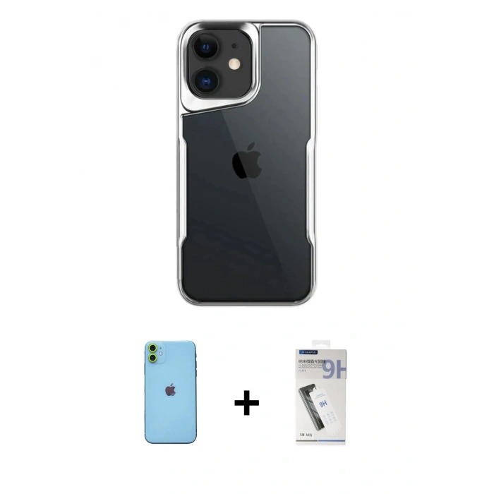 MARSİLYAN™- iPhone 11 Kılıf Akış Çizgi Koleksiyonu - Şeffaf Uv Polymer Nano Ekran Koruyucu + Neon Fosforlu Kamera Lens - YL