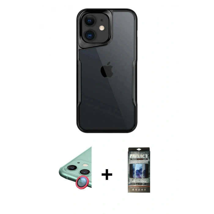 MARSİLYAN™- iPhone 11 Kılıf Akış Çizgi Koleksiyonu - Siyah 34D Hayalet Izgaralı Cam + Raze Metal Kamera Lens - KI