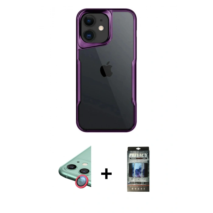 MARSİLYAN™- iPhone 11 Kılıf Akış Çizgi Koleksiyonu - Siyah 34D Hayalet Izgaralı Cam + Raze Metal Kamera Lens - KI