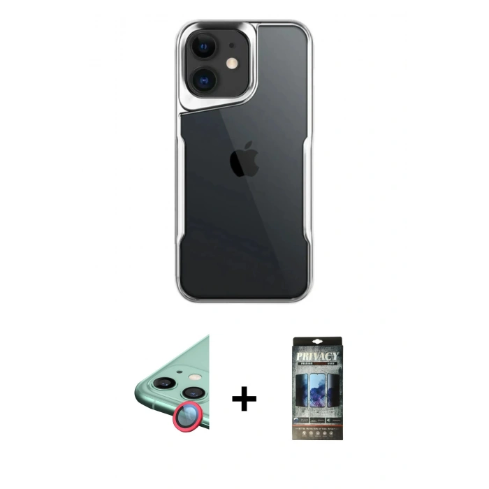 MARSİLYAN™- iPhone 11 Kılıf Akış Çizgi Koleksiyonu - Siyah 34D Hayalet Izgaralı Cam + Raze Metal Kamera Lens - KI