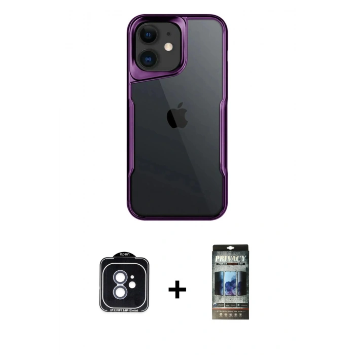 MARSİLYAN™- iPhone 11 Kılıf Akış Çizgi Koleksiyonu - Siyah 34D Hayalet Izgaralı Cam + PVD Metal Kamera Lens - MI