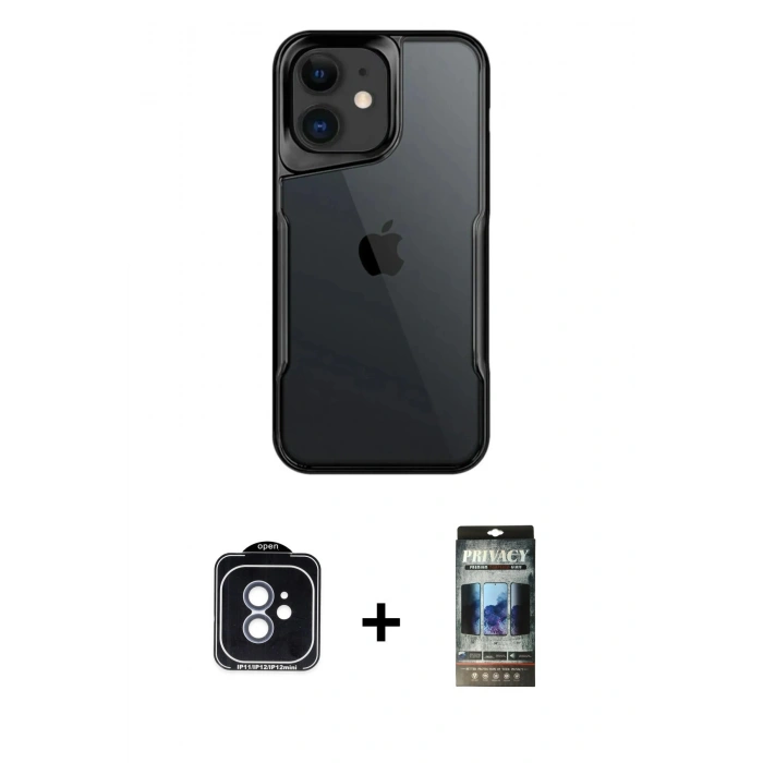 MARSİLYAN™- iPhone 11 Kılıf Akış Çizgi Koleksiyonu - Siyah 34D Hayalet Izgaralı Cam + PVD Metal Kamera Lens - MI