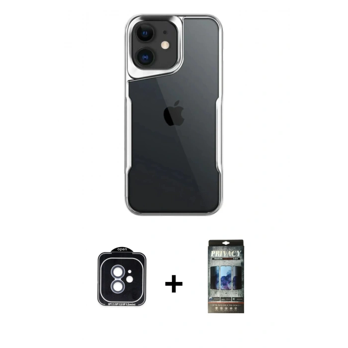 MARSİLYAN™- iPhone 11 Kılıf Akış Çizgi Koleksiyonu - Siyah 34D Hayalet Izgaralı Cam + PVD Metal Kamera Lens - MI