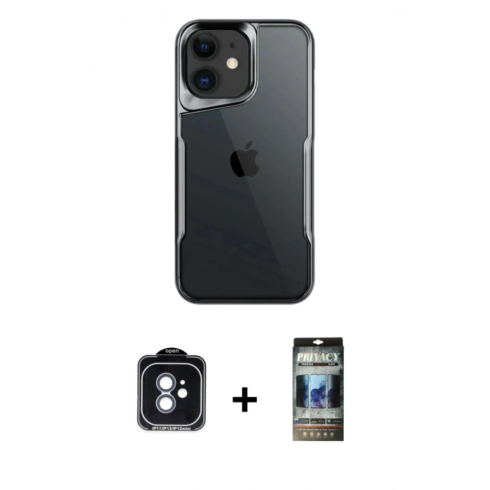 MARSİLYAN™- iPhone 11 Kılıf Akış Çizgi Koleksiyonu - Siyah 34D Hayalet Izgaralı Cam + PVD Metal Kamera Lens - MI